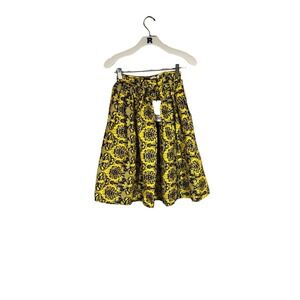 Unique Vintage Womens Full Skirt Yellow Blue Jacquard Floral Print High Waist XS